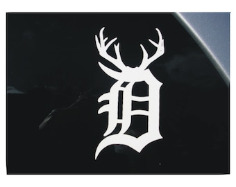 Old English D with Antlers Vinyl window decal sticker. *Buy 2 and get a third free (same size and color)