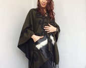 Boho Blanket Poncho, Hippie Festival Poncho, Unique Gift For Women, Oversize Poncho Femme, Khaki Wool Blend Cape, Tribal Wrap Pocket Coverup