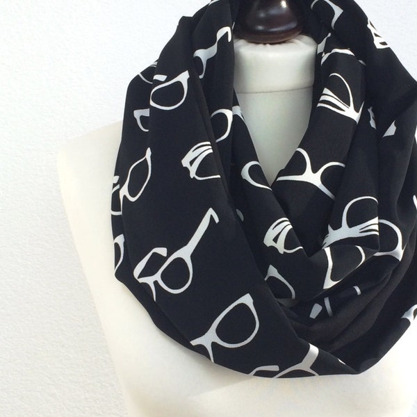 Infinity Circle Scarf, Eyeglasses Black White Scarf Circle Two Sided Double Layered Loop Scarf, Designscope, Glasses Patterned Scarf