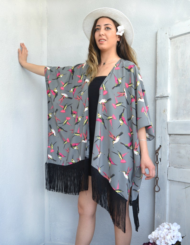 Swimwear Coverup Bridesmaid Gift Oversize Cardigan Top Birds Kimono Jacket Hummingbird Kimono Coverup Beach Coverup Boho Kimono Robe