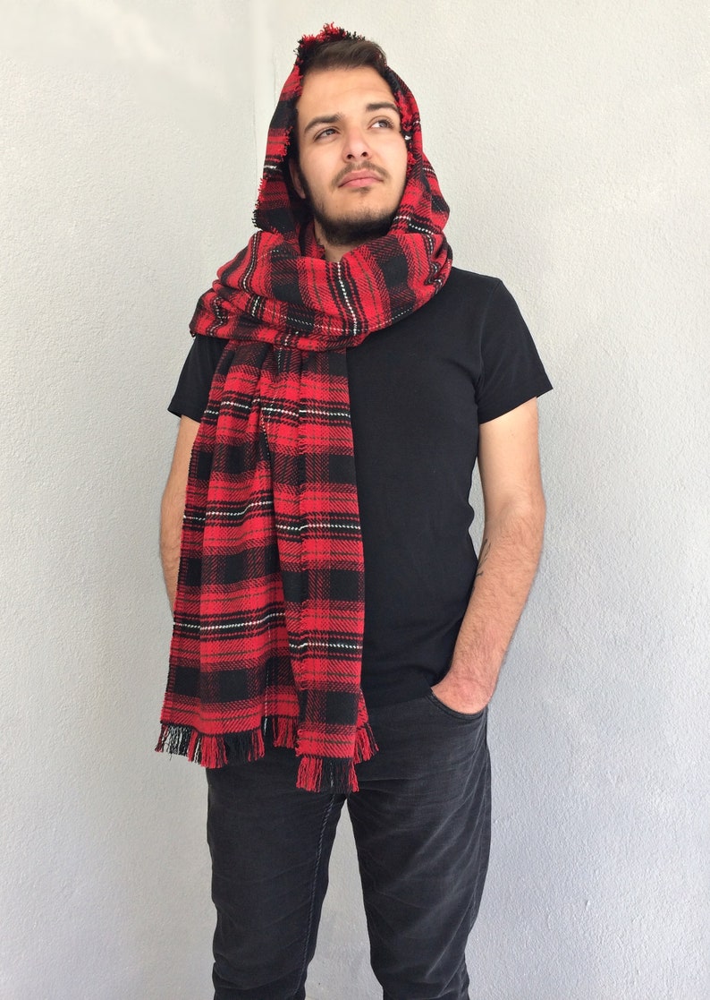 Men Hooded Scarf Plaid Blanket Scarf Red Tartan Shawl Wool Etsy