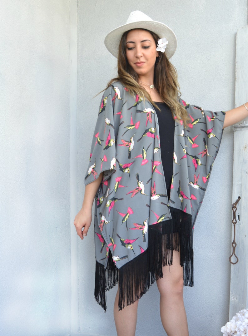 Swimwear Coverup Bridesmaid Gift Oversize Cardigan Top Birds Kimono Jacket Hummingbird Kimono Coverup Beach Coverup Boho Kimono Robe