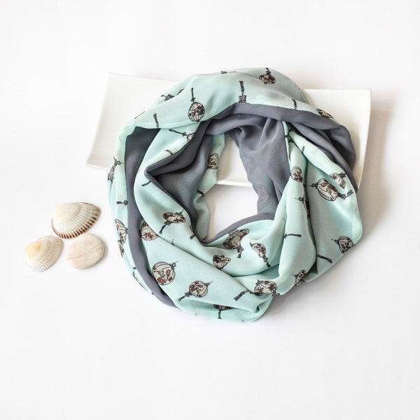 Mint Gray Patterned Infinity Scarf Reversible Lightweight Scarf Loop Floaty Fabric Two Sided,  Gift Ideas for Her