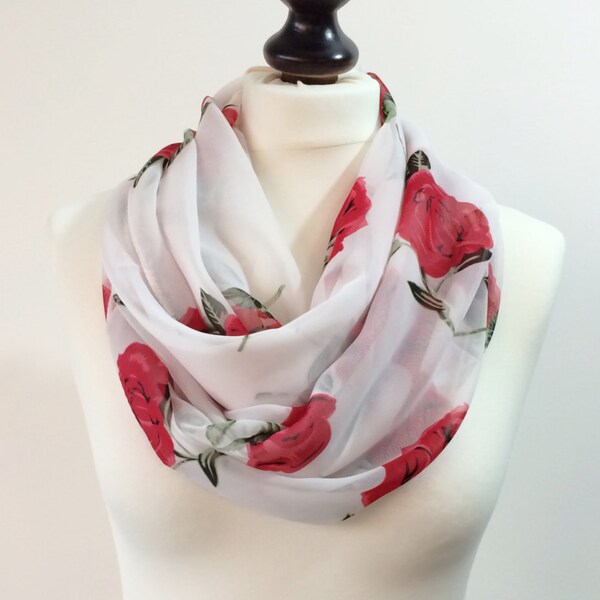 Red Roses Printed Scarf, Chiffon Wrap Scarf, Oversized Pareo, Silky Floral Cover Up, Lightweight Summer Scarf, Women's Gift, Designscope