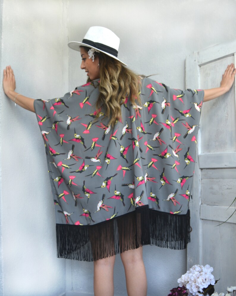 Swimwear Coverup Bridesmaid Gift Oversize Cardigan Top Birds Kimono Jacket Hummingbird Kimono Coverup Beach Coverup Boho Kimono Robe