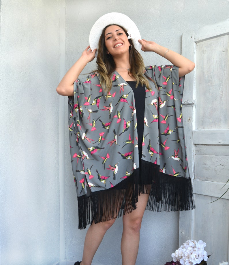 Swimwear Coverup Bridesmaid Gift Oversize Cardigan Top Birds Kimono Jacket Hummingbird Kimono Coverup Beach Coverup Boho Kimono Robe