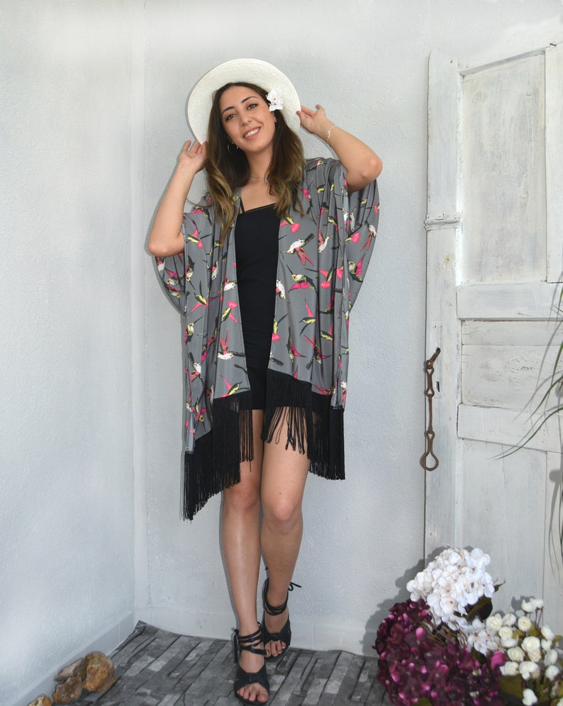 Swimwear Coverup Bridesmaid Gift Oversize Cardigan Top Birds Kimono Jacket Hummingbird Kimono Coverup Beach Coverup Boho Kimono Robe