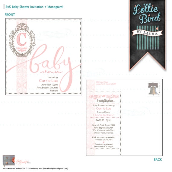 Baby Shower Postcard Invitation Monogram Square Etsy