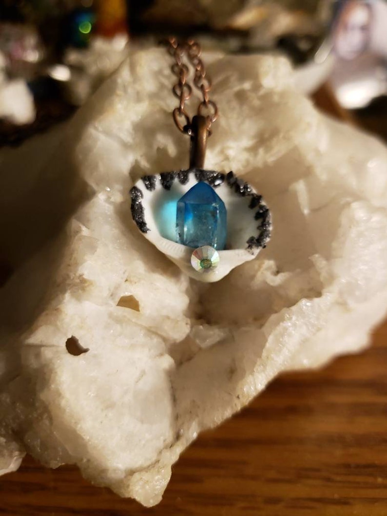 Galena and aqua aura shell necklace