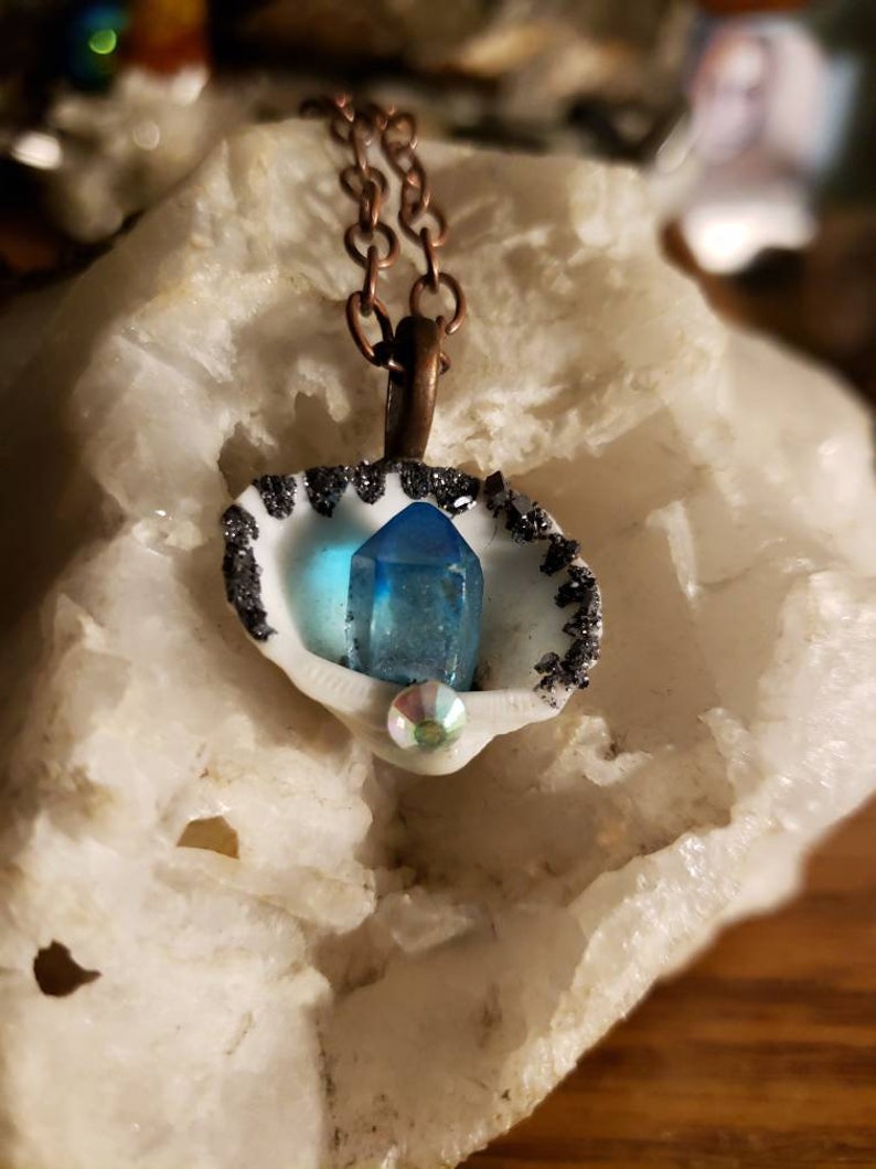 Galena and aqua aura shell necklace