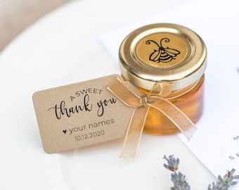 Honey Favors | Mini Honey Jar Favors for Wedding Baby and Bridal Shower, 1 oz / 30 grams | Custom Tags & Ribbons Included