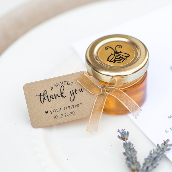 Honey Favors | Mini Honey Jar Favors for Wedding Baby and Bridal Shower, 1 oz / 30 grams | Custom Tags & Ribbons Included