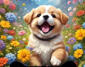 May include: A cute, chubby golden puppy with a white chest and paws is sitting in a field of colorful flowers. The puppy is smiling with its tongue sticking out. The background is a blue sky with white clouds and mountains.
