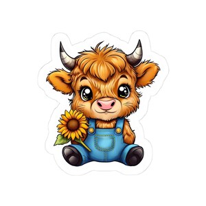 Adorable Highland Cow Kiss-Cut Stickers, Cute Farm Animal Decor, Fun Gift for Kids, Laptop Stickers, Sunflower Lover Accents
