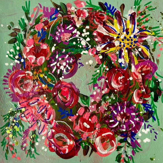 COURAGE | Hand-Painted Christmas Wreath Original Art + Personalized Holiday Cards | 5.5” Acrylic Mixed Media | Custom Family Greeting