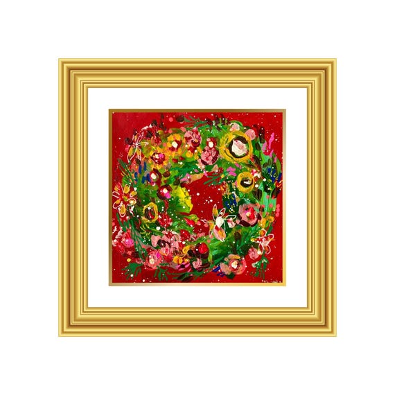 INSPIRE | Hand-Painted Christmas Wreath Original Art + Personalized Holiday Cards | 5.5” Acrylic Mixed Media | Custom Family Greeting