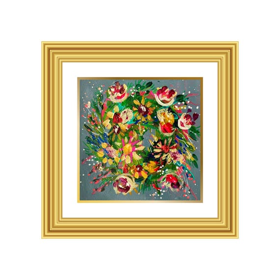 JOY | Hand-Painted Christmas Wreath Original Art + Personalized Holiday Cards | 5.5” Acrylic Mixed Media | Custom Family Greeting