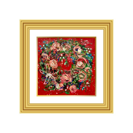ABUNDACE | Hand-Painted Christmas Wreath Original Art + Personalized Holiday Cards | 5.5” Acrylic Mixed Media | Custom Family Greeting