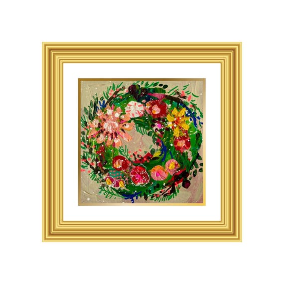 EVERMORE | Hand-Painted Christmas Wreath Original Art + Personalized Holiday Cards | 5.5” Acrylic Mixed Media | Custom Family Greeting