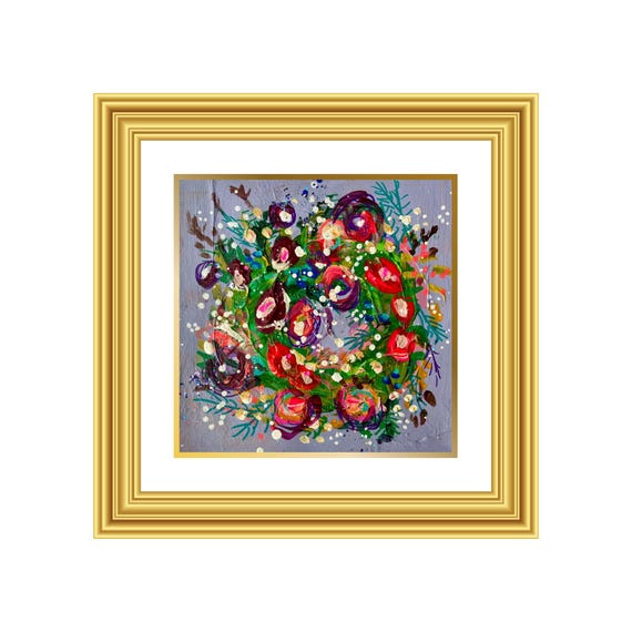 GRACE | Hand-Painted Christmas Wreath Original Art + Personalized Holiday Cards | 5.5” Acrylic Mixed Media | Custom Family Greeting