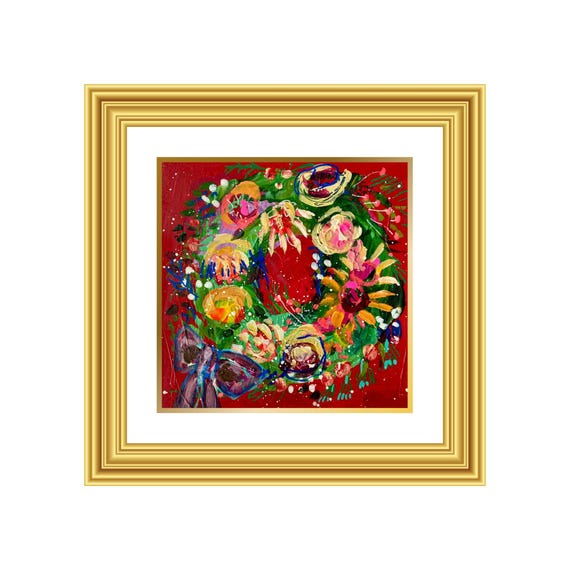 BLOOM | Hand-Painted Christmas Wreath Original Art + Personalized Holiday Cards | 5.5” Acrylic Mixed Media | Custom Family Greeting