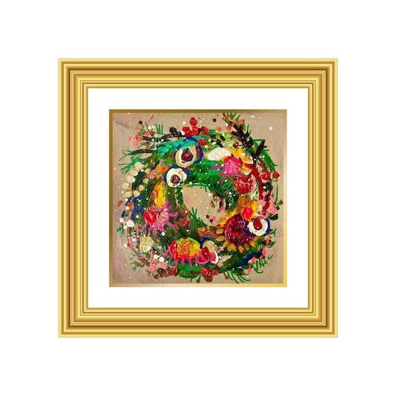 SERENITY | Hand-Painted Christmas Wreath Original Art + Personalized Holiday Cards | 5.5” Acrylic Mixed Media | Custom Family Greeting