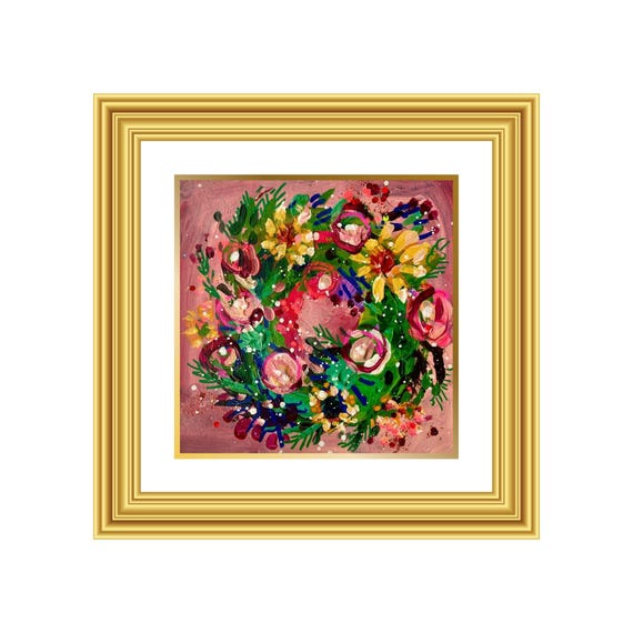 LIGHT | Hand-Painted Christmas Wreath Original Art + Personalized Holiday Cards | 5.5” Acrylic Mixed Media | Custom Family Greeting