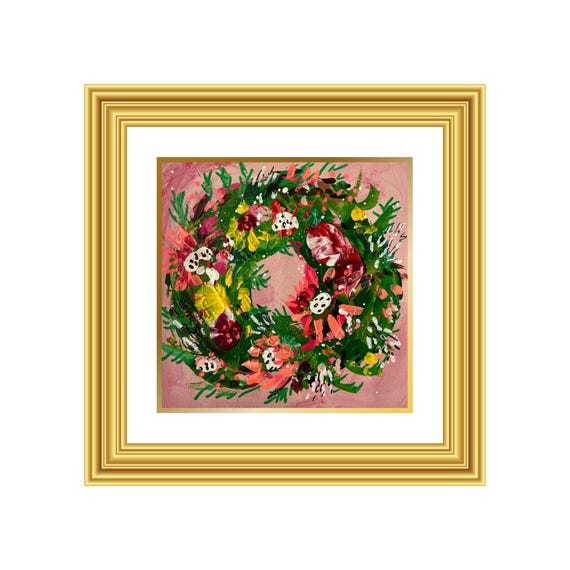 COMFORT | Hand-Painted Christmas Wreath Original Art + Personalized Holiday Cards | 5.5” Acrylic Mixed Media | Custom Family Greeting