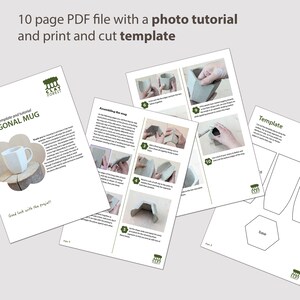 Może przedstawiać: 10-stronicowy plik PDF z samouczkiem fotograficznym oraz szablonem do druku i wycinania. Plik zawiera instrukcje montażu kubka, ze zdjęciami krok po kroku i szablonem. Tekst na pliku to "CLAY FOREST" i "GONAL MUG".