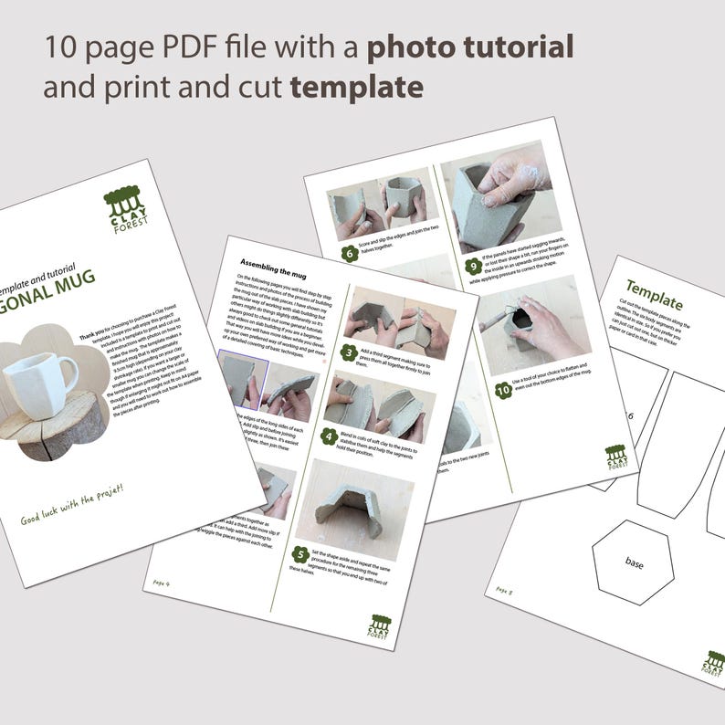 Może przedstawiać: 10-stronicowy plik PDF z samouczkiem fotograficznym oraz szablonem do druku i wycinania. Plik zawiera instrukcje montażu kubka, ze zdjęciami krok po kroku i szablonem. Tekst na pliku to "CLAY FOREST" i "GONAL MUG".