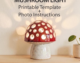 MUSHROOM tealight holder pottery template, printable slab building pattern and instructions, ceramic mushroom lamp