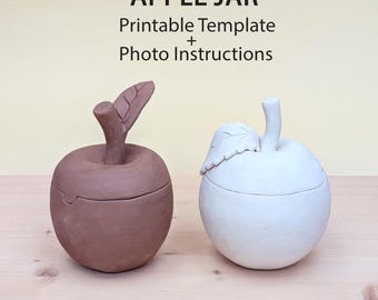APPLE JAR pottery template, printable  slab building pattern and tutorial, ceramic craft project, clay apple box