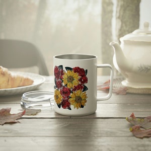Tasse à café isotherme Tournesols et roses, 10 oz