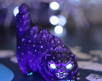 Handmade Starry Black Cat Figurine, Spooky kitty sculpture, Halloween cat art, Glow in the dark