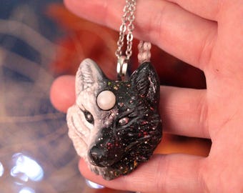 Wolf Pendant Necklace, Hand-Painted Ceramic Resin, Moonstone Gem, Stainless Steel Chain