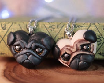 Heart Pug Necklace, Black or Fawn Pendant- Made to order