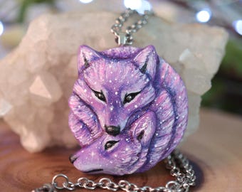 Purple Wolf Medallion, Handmade galaxy wolf necklace, Fairycore animal pendant