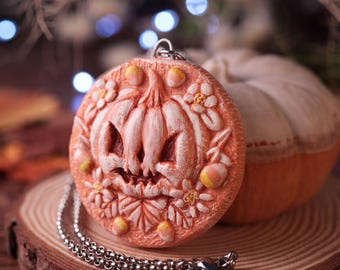 Handmade Fall Harvest Pumpkin Necklace, Cute jack o'lantern pendant, Candycorn and flowers, Halloween statement piece