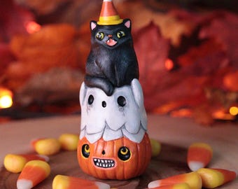 Figura decorativa espeluznante hecha a mano, calabaza de Halloween, fantasma, gato negro, miniatura para decoración de Halloween.