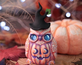 Handmade Owl Figurine, Light Coral pumpkin owl miniature, Mixed media Halloween desk art