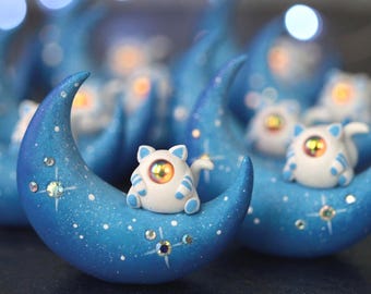 Tiny handmade Cat and Moon Miniature Figurine - Made to order
