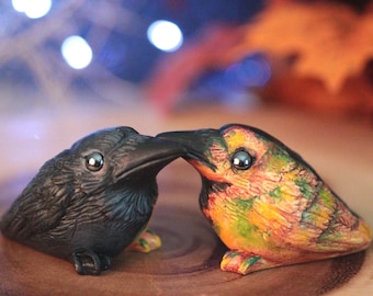 Half Autumn Crow Figurine, Handmade ceramic resin miniature crow sculpture