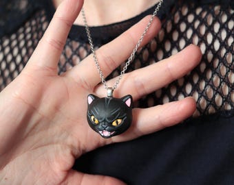 Hand-sculpted Ceramic Resin Black Cat Necklace, Hissing Kitty Pendant, Stainless Steel Chain