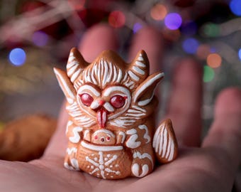 Preorder Handmade cute Krampus Figurine, Dark whimsical Christmas Ornament, Gingerbread cookie clay charm, Holiday folk sculpture
