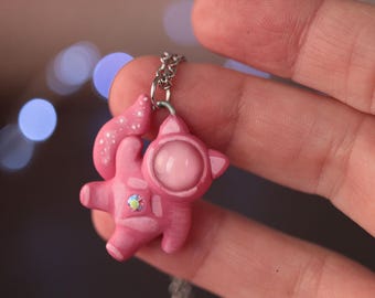 Handmade Clay Cat Necklace, Dainty Pink Kawaii Kitty Astronaut Pendant with Pink Moonstone