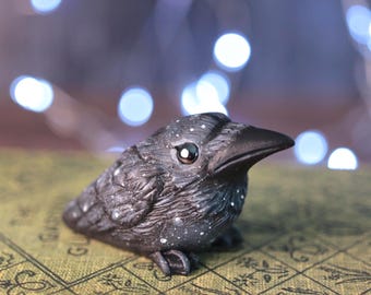 Handmade Starry Crow Figurine, Black raven miniature sculpture