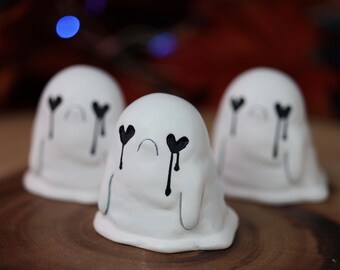 Tainted Love Ghost Figurine, Handmade sad ghost miniature, Cute crying spook with heart eyes