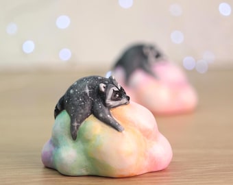 Jimothy Cloud Figurine, Handmade ceramic resin Raccoon miniature sculpture