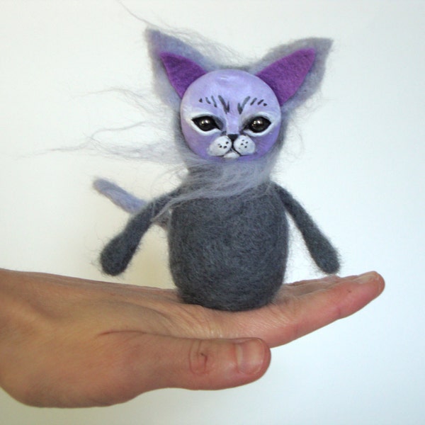 Wind kitty OOAK art doll Fantasy cat Needle felted Soft sculpture Animal doll Purple
