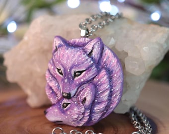 Purple Wolf Medallion, Handmade galaxy wolf necklace, Fairycore animal pendant